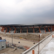 Detailed view of the stadium roof development at the Southeast Asian Games venue in Clark, Philippines.