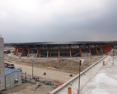 Detailed view of the stadium roof development at the Southeast Asian Games venue in Clark, Philippines.
